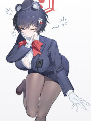 Rule 34 | 1girl, absurdres, animal ear fluff, animal ears, black hair, black pantyhose, blue archive, blush, bow, bowtie, breasts, button gap, commentary request, flower, foot out of frame, formal, garrison cap, gloves, grey eyes, hair flower, hair ornament, halo, hat, highres, jacket, lapels, large breasts, leg up, looking at viewer, lushi jin up, no shoes, notched lapels, official alternate costume, one eye closed, pantyhose, parted lips, pencil skirt, raccoon ears, red bow, red bowtie, shirt, short hair, skirt, sleepy, solo, squeans, suit, tsubaki (blue archive), tsubaki (guide) (blue archive), walkie-talkie, white gloves, white shirt, zzz