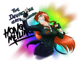 Rule 34 | 1girl, alternate costume, blue eyes, braid, breasts, crazy eyes, female focus, fighting stance, fingerless gloves, formal, gloves, gradient background, grin, hong meiling, long hair, no headwear, rainbow background, red hair, siegmund, skirt, smile, solo, suit, touhou, twin braids, white background