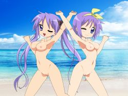 Rule 34 | 00s, 2girls, :3, artist request, beach, blue eyes, blush, bow, breasts, cloud, cropped legs, hair bow, highres, hiiragi kagami, hiiragi tsukasa, hip focus, long hair, looking at viewer, lucky star, medium breasts, multiple girls, navel, nipples, nude, ocean, one eye closed, open mouth, purple eyes, purple hair, pussy, short hair, siblings, sisters, sky, smile, standing, stretching, twins, twintails, wink, yellow bow