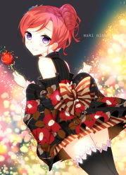 Rule 34 | 10s, 1girl, black thighhighs, blush, bow, candy apple, character name, clothing cutout, floral print, food, frilled thighhighs, frills, gradient background, hair bun, hair up, japanese clothes, kimono, looking at viewer, looking back, love live!, love live! school idol festival, love live! school idol project, nishikino maki, purple eyes, red hair, short hair, short kimono, shoulder cutout, single hair bun, smile, solo, striped, striped bow, thighhighs, wide sleeves, yadapot