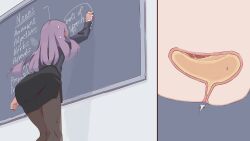 Rule 34 | 1girl, arm at side, arm up, ass, black jacket, black pantyhose, black skirt, bladder, blush, breath, chalk, chalkboard, classroom, clenched hand, cross-section, ear blush, english text, facing away, female focus, from behind, from below, have to pee, highres, holding, holding chalk, indoors, jacket, kneepits, leaning forward, legs together, long hair, long sleeves, miniskirt, multiple views, original, pantyhose, pee, pencil skirt, purple hair, rune (dualhart), side slit, skirt, standing, sweat, teacher, teaching, thighs, writing, yurina (rune (dualhart))