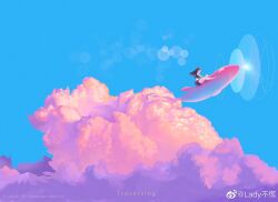 Rule 34 | 1girl, bare arms, bare legs, bare shoulders, barefoot, black shirt, black shorts, blue sky, blush stickers, brown hair, chinese commentary, cloud, commentary request, dolphin, flying, from side, full body, highres, lady buhuang, light particles, long hair, midriff, original, outdoors, procreate (medium), riding, riding animal, shirt, short shorts, shorts, sky, sleeveless, sleeveless shirt, solo, watermark, weibo logo, weibo username, wide shot
