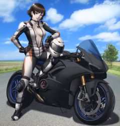 Rule 34 | 1girl, alternate costume, arm rest, biker clothes, bikesuit, bodysuit, boots, breasts, brown hair, choker, commentary, day, ducati, elbow pads, english commentary, full-length zipper, full body, gloves, hand on own hip, helmet, highres, instagram username, knee pads, lips, long sleeves, looking at viewer, medium breasts, motor vehicle, motorcycle, motorcycle helmet, navel, niijima makoto, no bra, outdoors, pale skin, partially unzipped, persona, persona 5, red eyes, rondeu, short hair, smile, solo, standing, standing on one leg, stomach, zipper