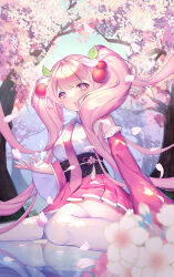 Rule 34 | 1girl, absurdres, arua, cherry blossoms, cherry hair ornament, detached sleeves, flower, food-themed hair ornament, hair ornament, hatsune miku, highres, long hair, looking at viewer, necktie, obi, open mouth, outdoors, petals, pink eyes, pink hair, pink necktie, pink skirt, pink sleeves, pleated skirt, reflection, sakura miku, sash, sitting, skirt, solo, thighhighs, tree, twintails, very long hair, vocaloid, wariza, white thighhighs, wide sleeves