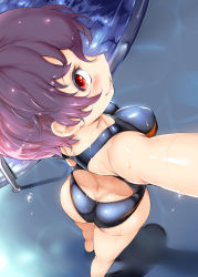 Rule 34 | 1girl, ass, back, bare shoulders, blush, breasts, competition swimsuit, covered erect nipples, looking at viewer, looking back, medium breasts, one-piece swimsuit, original, poolside, purple hair, red eyes, short hair, smile, solo, swimsuit, usyuuri, wet