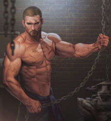 Rule 34 | 1boy, abs, absurdres, aenaluck, alternate hairstyle, audec (aenaluck), bara, beard, black pants, black shirt, chain, closed mouth, clothes around waist, cross scar, dirty, dirty face, facial hair, highres, holding, holding chain, large pectorals, looking away, male focus, muscular, muscular male, navel, nipples, original, pants, pectorals, scar, scar on chest, scar on face, shirt, shirt around waist, unworn shirt, short hair, solo, topless male, very short hair
