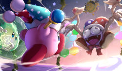 Rule 34 | angry, battle, blue eyes, galactic nova, gonzarez, hat, highres, holding, holding wand, honeycomb (pattern), jester cap, kirby, kirby (series), kirby super star, marx (kirby), mirror kirby, nintendo, plasma wisp, purple eyes, running, space, tongue, tongue out, wand