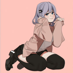 Rule 34 | 1girl, aconitea, ai (onii-chan asobo), arms up, black footwear, black skirt, black thighhighs, blue eyes, cat hair ornament, closed mouth, commentary request, grey hair, hair ornament, kneeling, loafers, long sleeves, looking at viewer, onii-chan asobo, pink background, shiny footwear, shirt, shoes, simple background, skirt, sleeves past wrists, smile, solo, thighhighs, white shirt