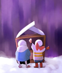 Rule 34 | 2boys, aged down, arm up, back, bad id, bad pixiv id, black shorts, blue jacket, blue shorts, boots, bow, box, brothers, cardboard box, clenched hands, from behind, full body, gloves, highres, hood, hoodie, jacket, long sleeves, male focus, multiple boys, outdoors, outstretched arm, papyrus (undertale), purple sky, red bow, red footwear, red gloves, sans (undertale), shade, shirt, short sleeves, shorts, siblings, skeleton, sky, slippers, snow, standing, striped, t-shirt, undertale, yamtteng