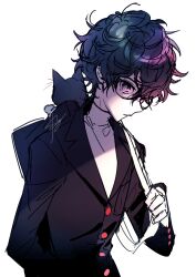 Rule 34 | 1boy, amamiya ren, black eyes, black jacket, buttons, cat, closed mouth, highres, jacket, long sleeves, looking at viewer, male focus, messy hair, morgana (persona 5), persona, persona 5, shimogu, shirt, short hair, signature, simple background, solo, upper body, white background, white shirt