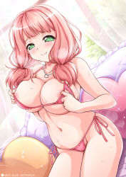 Rule 34 | 1girl, adjusting clothes, adjusting swimsuit, artist name, bang dream!, bare arms, bare shoulders, bed, bikini, blush, breasts, cameltoe, cleavage, closed mouth, commentary request, cowboy shot, curtains, day, dutch angle, fingernails, frilled pillow, frills, groin, half-closed eyes, halterneck, hands up, heart, heart necklace, heart-shaped pillow, heavy breathing, highres, indoors, jewelry, large breasts, light particles, long hair, looking at viewer, low twintails, micro bikini, moyuru, navel, necklace, nipple slip, nipples, on bed, pendant, pillow, pink bikini, pink hair, raised eyebrows, short twintails, side-tie bikini bottom, sitting, smile, solo, sparkle, stomach, string bikini, sweat, swimsuit, tree, twintails, uehara himari, window