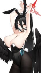 Rule 34 | 1girl, absurdres, alternate costume, animal ears, armpits, arms up, bare shoulders, black choker, black hair, black leotard, black pantyhose, black wings, blue archive, blush, breasts, choker, cleavage, covered navel, fake animal ears, fake tail, feathered wings, hair between eyes, halo, hasumi (blue archive), highleg, highleg leotard, highres, huge breasts, leotard, long bangs, long hair, looking at viewer, mole, mole under eye, nogong, pantyhose, playboy bunny, ponytail, presenting armpit, rabbit ears, rabbit pose, rabbit tail, red eyes, red halo, sideboob, simple background, skindentation, solo, strapless, strapless leotard, sweatdrop, tail, thighband pantyhose, very long hair, white background, wings