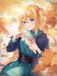 Rule 34 | 1girl, aizawa hikaru, autumn leaves, bare shoulders, belt, bench, black belt, blonde hair, blue eyes, blue jacket, blurry, blurry background, campaign girl, commentary request, crepe, depth of field, dress, food, food on hand, fruit, green dress, hair between eyes, hands up, holding, holding food, jacket, licking lips, long hair, microsoft, off shoulder, on bench, open clothes, open jacket, park bench, shinia, silverlight, sitting, sleeveless, sleeveless dress, solo, strawberry, tongue, tongue out, twintails, very long hair