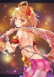 Rule 34 | 1girl, ahoge, arabian clothes, ass, blonde hair, butt crack, commentary request, dancer, earrings, fantasy, feathers, gem, gold, highres, jewelry, looking at viewer, looking back, natsutomoki, orange eyes, original, parted lips, revealing clothes, revision, see-through, short hair, smile, solo
