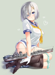 Rule 34 | 10s, 1girl, arai harumaki, black pantyhose, blue eyes, breasts, clothes pull, covered erect nipples, gloves, green panties, hair ornament, hair over one eye, hairclip, hamakaze (kancolle), heart, historical name connection, kantai collection, large breasts, looking at viewer, name connection, object namesake, panties, panty pull, pantyhose, pantyhose pull, personification, school uniform, serafuku, ship, short hair, silver hair, sitting, skirt, solo, stain, underwear, watercraft, white gloves, yokozuwari