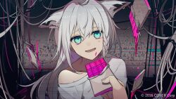 Rule 34 | 1girl, animal ears, aqua eyes, braid, candy, chocolate, chocolate bar, commentary request, company name, fed by viewer, feeding, food, giving food, highres, holding, holding chocolate, holding food, hololive, huyuharu0214, kusare gedou to chokorewito (vocaloid), long hair, looking at viewer, official art, open mouth, pink chocolate, pov, pov hands, shirakami fubuki, shirt, single bare shoulder, solo focus, sweat, virtual youtuber, white shirt, wire