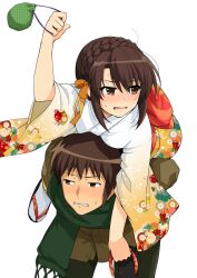 Rule 34 | 1boy, 1girl, alternate hairstyle, bag, blush, braid, brown coat, brown eyes, brown hair, carrying, coat, commentary request, couple, cowboy shot, crown braid, embarrassed, green scarf, grey pants, hair ribbon, haruhisky, hetero, highres, japanese clothes, kimono, kyon, looking to the side, new year, open mouth, pants, ribbon, satchel, scarf, short hair, suzumiya haruhi, suzumiya haruhi no yuuutsu, thighhighs, white background