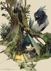 Rule 34 | animal, animal focus, artist name, bird, black cloak, blue eyes, brown background, campfire, cloak, commentary, cooking, cooking pot, fire, from above, grass, highres, holding, holding ladle, hood, hood down, hooded cloak, ladle, leaf, moss, mouse (animal), murayama ryota, no humans, on grass, original, outdoors, scenery, signature, sitting, tent, tree