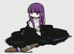 Rule 34 | absurdres, black coat, black dress, blunt bangs, coat, collar, dot mouth, dress, fern (sousou no frieren), frilled collar, frills, highres, holding, holding staff, hood, hooded coat, long coat, long dress, long hair, long sleeves, looking to the side, purple eyes, purple hair, sidelocks, sousou no frieren, staff, straight hair, tokiwa (914), white dress