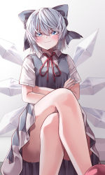 Rule 34 | 1girl, absurdres, blue bow, blue dress, blue eyes, blue hair, blue nails, blush, bow, breasts, cirno, closed mouth, collared shirt, commentary request, convenient censoring, crossed arms, crossed legs, dress, eyebrows hidden by hair, feet out of frame, gradient background, hair between eyes, hair bow, highres, ice, ice wings, looking at viewer, mahoro (minase mahoro), nail polish, neck ribbon, pinafore dress, red footwear, red ribbon, ribbon, shirt, short hair, short sleeves, simple background, sleeveless, sleeveless dress, small breasts, smile, solo, touhou, white background, white shirt, wings