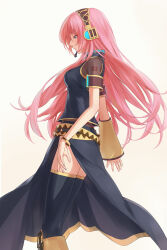 Rule 34 | 1girl, aqua nails, belt, black skirt, black thighhighs, black vest, blue eyes, bodystocking, boots, bracelet, breasts, commentary, detached sleeves, from side, gold trim, headset, high collar, highres, jewelry, knee boots, long hair, medium breasts, megurine luka, microphone, miura-n315, multiple belts, number tattoo, open hands, pink hair, pink lips, profile, see-through, see-through shirt, short sleeves, shoulder tattoo, side slit, simple background, single detached sleeve, skirt, solo, tattoo, thighhighs, vest, vocaloid