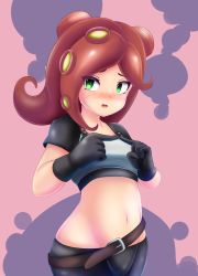 Rule 34 | 1girl, :d, belt, black gloves, blush, breasts, crop top, fingers together, gloves, green eyes, groin, highres, hip focus, index fingers together, kukuru, midriff, monster girl, navel, nintendo, open mouth, pants, scylla, small breasts, smile, solo, splatoon (series), splatoon 1, takozonesu, tentacle hair, tight clothes, tight pants, tsurime