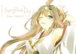 Rule 34 | 10s, 1girl, :/, adjusting hair, ahoge, arm up, armpits, b (kana0816), breasts, brown eyes, brown hair, english text, hair ornament, hairband, hairclip, happy birthday, kantai collection, kongou (kancolle), long hair, matching hair/eyes, medium breasts, mouth hold, nontraditional miko, one eye closed, solo, upper body, white background
