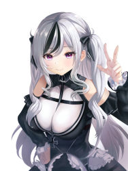 Rule 34 | 1girl, azur lane, bare shoulders, between breasts, black hair, black legwear, breasts, closed mouth, commentary, cowboy shot, detached sleeves, elbe (azur lane), fang, frilled sleeves, frills, grey hair, hair ornament, hair ribbon, hand on own hip, highres, large breasts, long bangs, long hair, long sleeves, looking at viewer, multicolored hair, parted bangs, purple eyes, raurashun, ribbon, shadow, simple background, skin fang, smile, solo, two-tone hair, two side up, w, white background