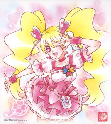 Rule 34 | 1girl, ;d, blonde hair, bustier, choker, collarbone, contrapposto, cowboy shot, cure peach, earrings, floating hair, fresh precure!, hair between eyes, hair ornament, heart, heart hair ornament, highres, jewelry, long hair, miniskirt, momozono love, official art, one eye closed, open mouth, pink choker, precure, red eyes, shiny skin, shirt, short sleeves, skirt, smile, solo, standing, very long hair, white shirt, white skirt