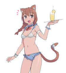 Rule 34 | 1girl, :d, animal ear fluff, animal ears, bare shoulders, blue panties, blush, bow, bow panties, bra, braid, breasts, brown eyes, brown hair, cat ears, cat girl, cat tail, cup, drinking glass, drinking straw, fang, frilled panties, frills, hand up, holding, holding plate, long hair, looking at viewer, navel, notice lines, open mouth, original, panties, plate, saiste, simple background, small breasts, smile, solo, standing, tail, twin braids, underwear, white background, white bra, wrist cuffs