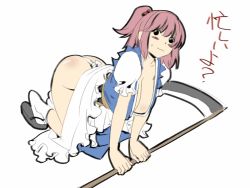 Rule 34 | 1girl, all fours, ass, blush stickers, breasts, cleavage, female focus, fundoshi, hair bobbles, hair ornament, hanging breasts, huge breasts, japanese clothes, meranie, onozuka komachi, pink hair, red eyes, red hair, scythe, short hair, sketch, solo, touhou, translated, twintails, two side up