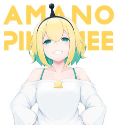 Rule 34 | 1girl, amano pikamee, text background, bare shoulders, black hairband, blonde hair, character name, collarbone, green eyes, green hair, grin, hair between eyes, hairband, hands on own hips, highres, long sleeves, looking at viewer, multicolored hair, off-shoulder shirt, off shoulder, shirt, simple background, smile, solo, temari rin, two-tone hair, virtual youtuber, voms, white background, white shirt