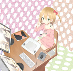 Rule 34 | 3girls, ;d, bad id, bad pixiv id, blue eyes, bow, brown hair, casual, chair, computer, desk, drawing tablet, dress, green eyes, hair bow, hair ribbon, highres, holding, keyboard (computer), long hair, looking at viewer, monitor, mouse (computer), multiple girls, one eye closed, open mouth, original, pen, pink dress, red eyes, ribbon, side ponytail, sitting, smile, tazaki hayato, v