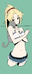 Rule 34 | 1girl, bandeau, belt, black belt, blonde hair, cat, character name, commentary request, cropped legs, denim, denim shorts, fate/apocrypha, fate (series), green background, grey cat, groin, highres, jewelry, light smile, long hair, looking to the side, mordred (fate), mordred (fate/apocrypha), mordred (memories at trifas) (fate), navel, necklace, ponytail, red scrunchie, scrunchie, shorts, simple background, smile, solo, takatun223, tongue