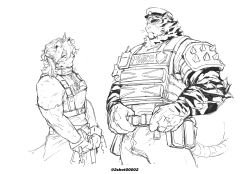 Rule 34 | 2boys, absurdres, animal ears, arknights, bara, bare shoulders, cropped legs, cuffs, dog boy, dog ears, from side, furry, furry male, greyscale, handcuffs, hat, highres, horns, hung (arknights), male focus, medium hair, monochrome, mountain (arknights), multiple boys, muscular, muscular male, pectorals, police, police hat, police uniform, policeman, scar, scar across eye, scar on face, short hair, shoulder spikes, sigppang (2shot00002), single horn, spikes, tiger boy, tiger ears, unfinished, uniform, white fur