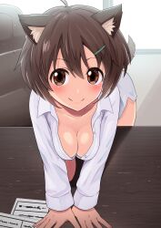 Rule 34 | 1girl, absurdres, ahoge, animal ears, bent over, blush, brave witches, breasts, brown eyes, brown hair, cleavage, closed mouth, hair ornament, hairclip, harurukan, highres, indoors, karibuchi hikari, large breasts, looking at viewer, shirt, short hair, smile, solo, squirrel ears, squirrel girl, white shirt, window, world witches series