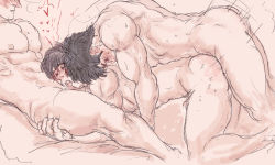 Rule 34 | 3boys, abs, anal, ass, bara, bed, bed sheet, black hair, blush, breath, character request, closed eyes, cum, cum in mouth, cumdrip, fellatio, group sex, hajime no ippo, happy sex, heart, ivette!, lying, makunouchi ippo, male focus, male penetrated, mmm threesome, moaning, multiple boys, muscular, nude, open mouth, oral, orgasm, pectorals, sendou takeshi, sex, sketch, spitroast, steam, sweat, teeth, threesome, tongue, tongue out, wince, yaoi