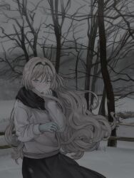 Rule 34 | 1girl, an-94 (girls&#039; frontline), bare tree, blonde hair, blue eyes, blush, breath, commission, commissioner upload, floating hair, girls&#039; frontline, gloves, grey theme, highres, long hair, looking at viewer, outdoors, overcast, sardine (feshtail), scarf, sky, smile, snow, solo, sweater, tree, winter