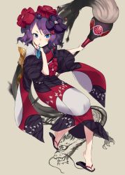 Rule 34 | 1girl, absurdres, black hair, blue eyes, calligraphy brush, ceda (dace), commentary, dragon, fate/grand order, fate (series), flower, giant brush, hair flower, hair ornament, hairpin, highres, japanese clothes, katsushika hokusai (fate), kimono, looking at viewer, obi, paintbrush, sandals, sash, short hair, sketch, solo