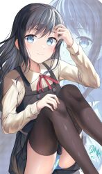 Rule 34 | 1girl, asashio (kancolle), black hair, black thighhighs, blue eyes, blue panties, collared shirt, commentary, dress, dress shirt, feet out of frame, highres, iwabuchi501, kantai collection, long hair, neck ribbon, panties, pantyshot, pinafore dress, red ribbon, ribbon, shirt, sleeveless, sleeveless dress, smile, solo, symbol-only commentary, thighhighs, underwear, white shirt, zoom layer