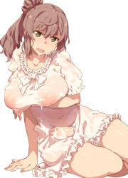 Rule 34 | 1futa, arm support, breasts, censored, cevio, commentary request, covered navel, cum, dress, futanari, green eyes, highres, inverted nipples, large breasts, mosaic censoring, nipples, open mouth, penis, puffy short sleeves, puffy sleeves, satou sasara, see-through, short hair, short sleeves, simple background, sitting, solo, takemura sessyu, thighs, wet, wet clothes, white background, white dress