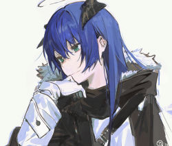 Rule 34 | 1girl, arknights, black jacket, blue hair, closed mouth, fur trim, green eyes, halo, hand up, horns, jacket, looking away, mostima (arknights), nagu, sidelocks, simple background, smile, solo, upper body, white background