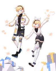 Rule 34 | 1boy, 1girl, :d, absurdres, arm up, belt, black footwear, black pantyhose, black shirt, black shorts, blcackup, blue eyes, boots, bow, brother and sister, christmas, coat, earmuffs, gift, hair bow, hand on own hip, highres, kagamine len, kagamine rin, knee pads, long sleeves, open mouth, pantyhose, shirt, short hair, shorts, siblings, simple background, smile, snowflakes, standing, thigh boots, thighhighs, twins, vocaloid, white background, white bow, white coat, white thighhighs