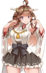 Rule 34 | 1girl, ahoge, aiguillette, bare shoulders, blush, bow, breasts, brown hair, cowboy shot, detached sleeves, double bun, hair bun, hairband, hands in hair, japanese clothes, kantai collection, kongou (kancolle), kongou kai ni (kancolle), large breasts, long hair, looking at viewer, nontraditional miko, purple eyes, sakuramon, sidelocks, simple background, skirt, smile, solo, white background, yuzuruka (bougainvillea)