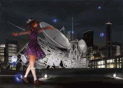 Rule 34 | 1girl, antennae, arms at sides, bad id, bad pixiv id, black hat, bow, brown footwear, brown hair, building, city, diagonal stripes, dress, facing away, glasses, hat, hat ribbon, itobek, kneehighs, lamp, loafers, long sleeves, low twintails, night, night sky, occult ball, orb, outdoors, outstretched arms, plaid, plaid dress, purple dress, radio antenna, ribbon, rooftop, satellite dish, school uniform, shoes, short hair, sky, skyline, socks, solo, spread arms, standing, striped clothes, striped dress, touhou, twintails, usami sumireko, walking, white ribbon, white socks