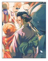 Rule 34 | 1girl, 2boys, artist name, back bow, black hair, blue eyes, border, bow, closed mouth, flower, franky (one piece), from behind, hair flower, hair ornament, hair slicked back, half-closed eyes, hat, height difference, highres, japanese clothes, k164, kimono, light smile, looking at viewer, looking back, monkey d. luffy, multiple boys, nico robin, obi, one piece, petals, sash, solo focus, straw hat, upper body