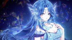 Rule 34 | 1girl, blue eyes, blue hair, breasts, character request, choker, circlet, cleavage, fins, green eyes, hand on own chest, head fins, heterochromia, highres, indie virtual youtuber, long hair, medium breasts, nail polish, parted bangs, rika mayuzumi, solo, upper body, virtual youtuber