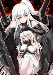 Rule 34 | 10s, 2girls, abyssal ship, aircraft, aircraft carrier oni, airplane, armor, armored boots, bad id, bad pixiv id, boots, breasts, closed eyes, covered mouth, dress, gauntlets, headpat, highres, holding, horns, kantai collection, kumakichi., large breasts, long hair, mittens, multiple girls, northern ocean princess, one side up, pale skin, sailor dress, side ponytail, sleeping, smile, thigh boots, thighhighs, turret, white hair, white mittens, yellow eyes