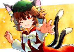 Rule 34 | 1girl, animal ears, arm up, bad id, bad twitter id, blush, blush stickers, border, bow, bowtie, breasts, brown hair, cat ears, cat tail, chen, closed eyes, commentary request, dress, earrings, fang, green hat, grey bow, grey bowtie, grey shirt, hair between eyes, hands up, hat, highres, jewelry, long sleeves, looking at viewer, medium breasts, mob cap, multiple tails, one eye closed, open mouth, orange background, orange ribbon, outside border, petals, puffy long sleeves, puffy sleeves, qqqrinkappp, red dress, red eyes, ribbon, shirt, short hair, single earring, smile, solo, standing, tail, tongue, touhou, traditional media, two tails, upper body, white border, yellow background