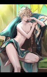 Rule 34 | 1boy, aether (genshin impact), ahoge, barefoot, blonde hair, blush, braid, closed mouth, completely nude, couch, earrings, genshin impact, hair between eyes, highres, indoors, jewelry, letterboxed, long hair, looking at viewer, male focus, nude, single braid, single earring, solo, sonomi, yellow eyes